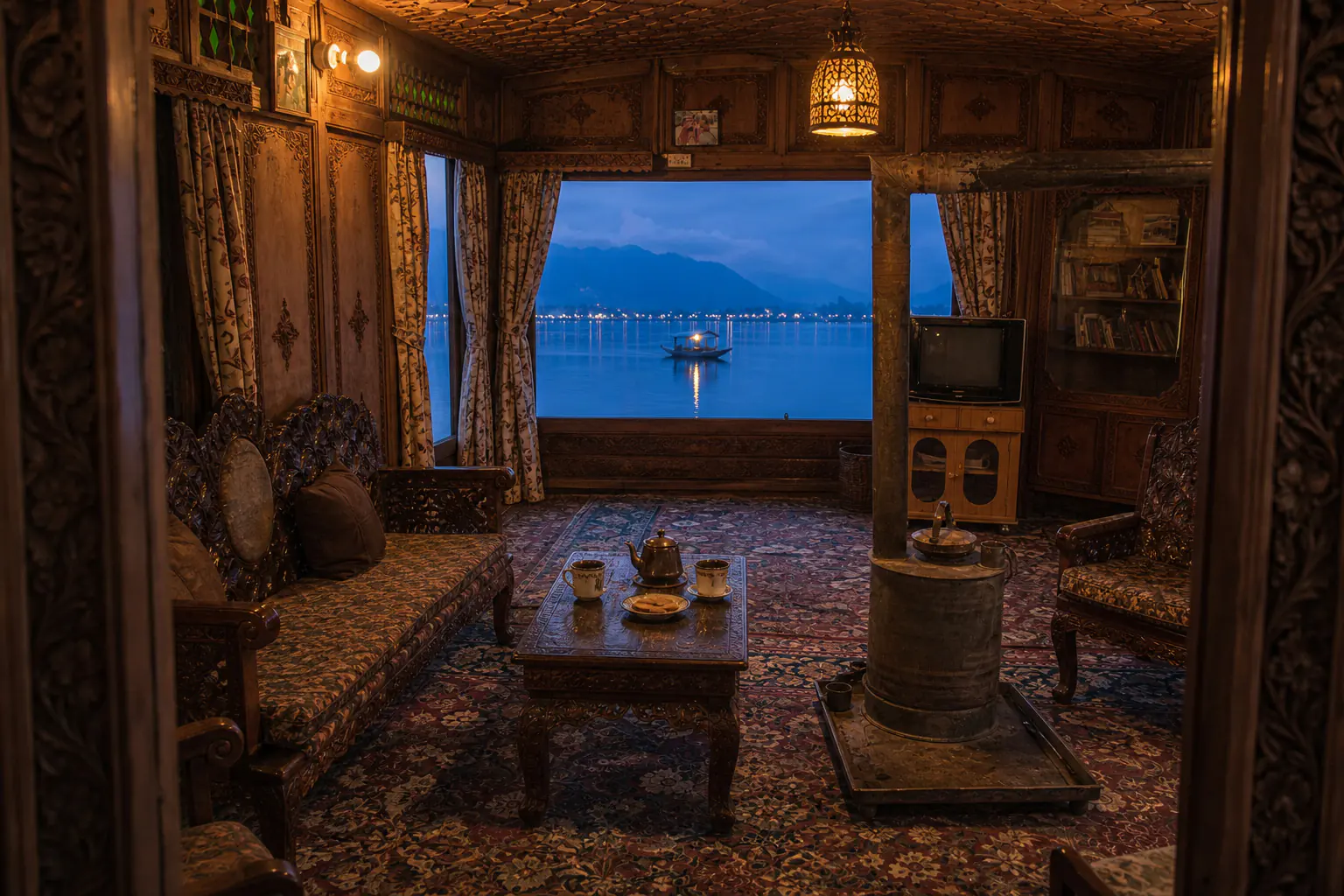 A lived-in carved walnut houseboat bedroom prepared for arriving guests