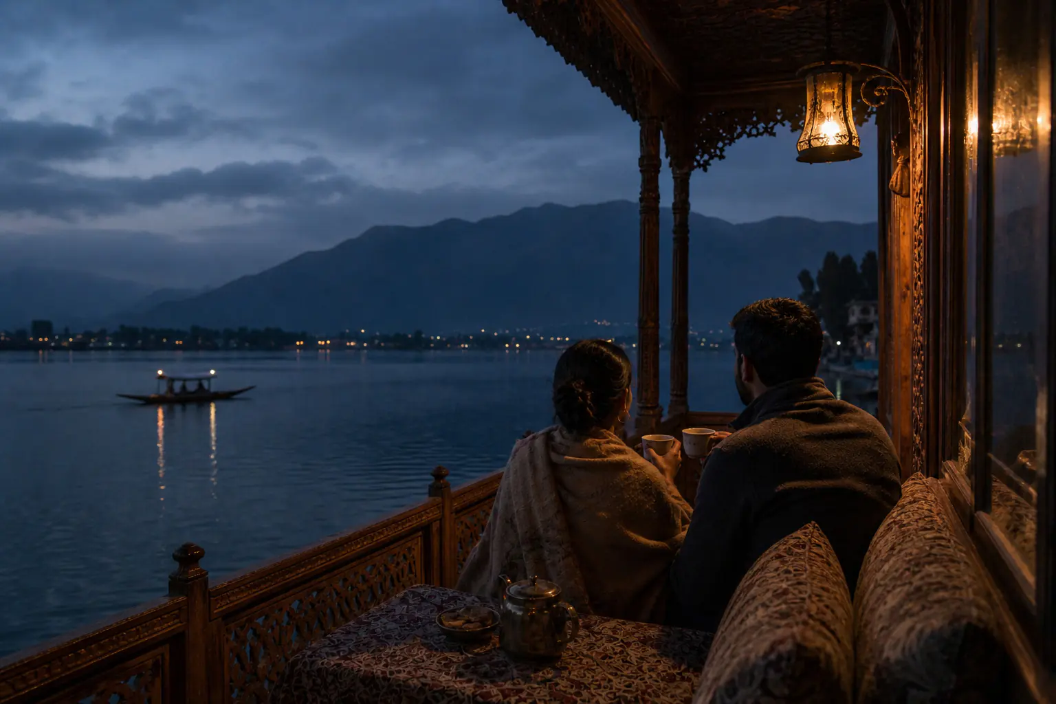A couple arriving naturally at a weathered Dal Lake houseboat jetty