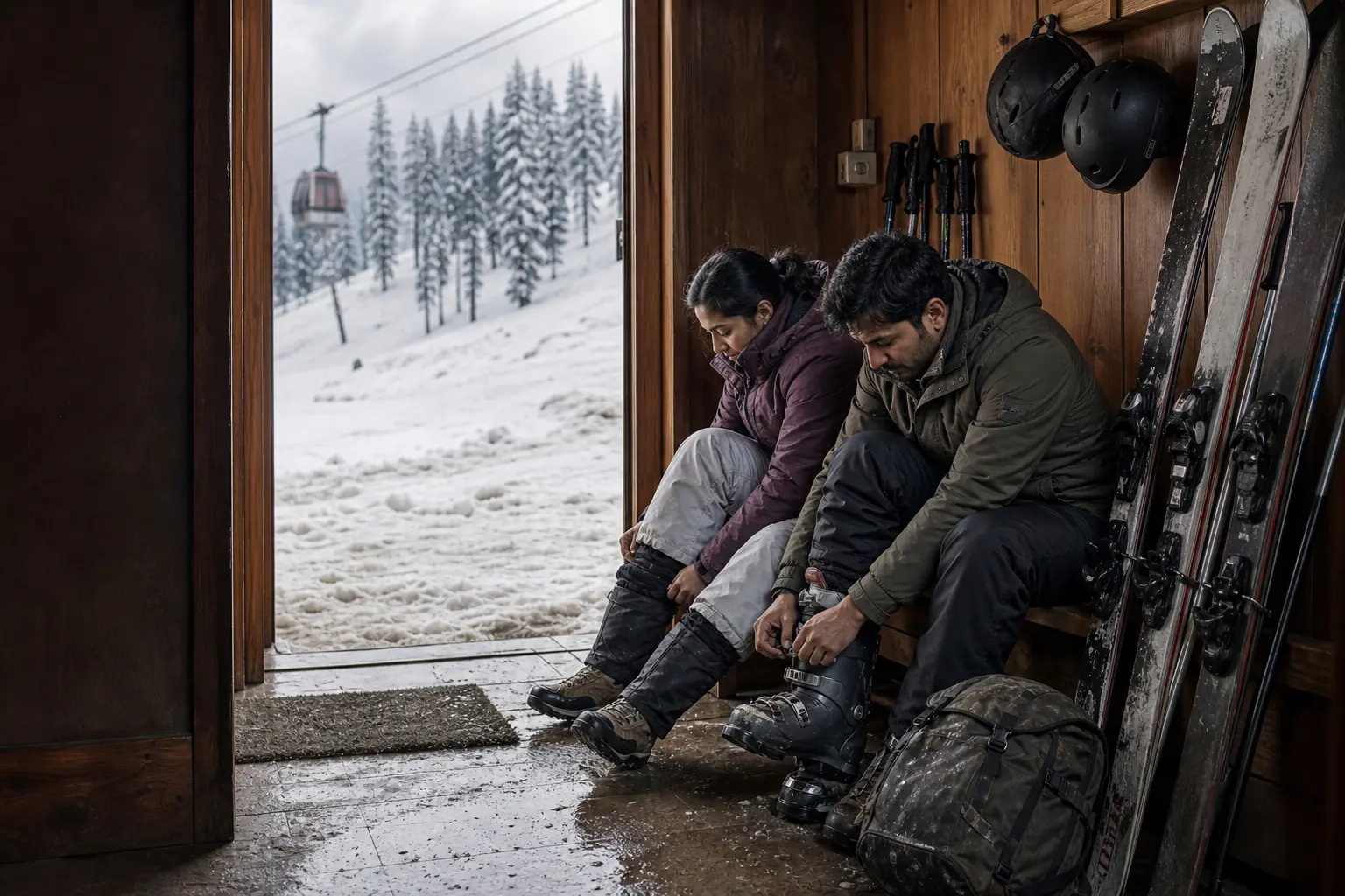 A traveller fastening practical winter boots beside a wet Gulmarg snow path