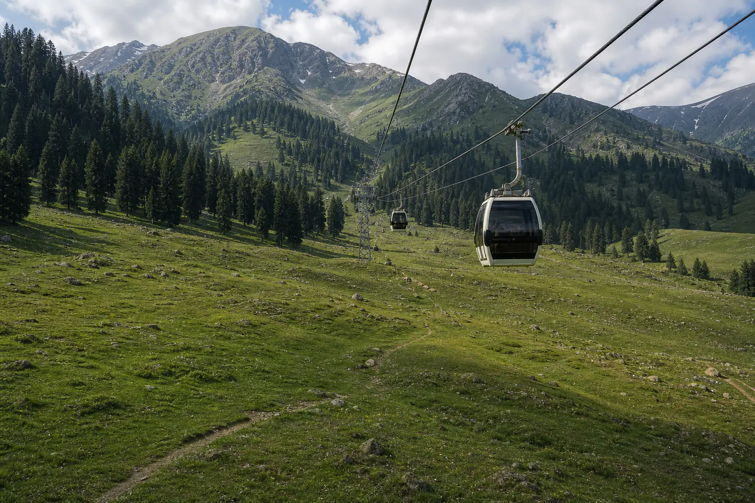 Gulmarg Gondola cabins crossing a weathered summer meadow below the mountains