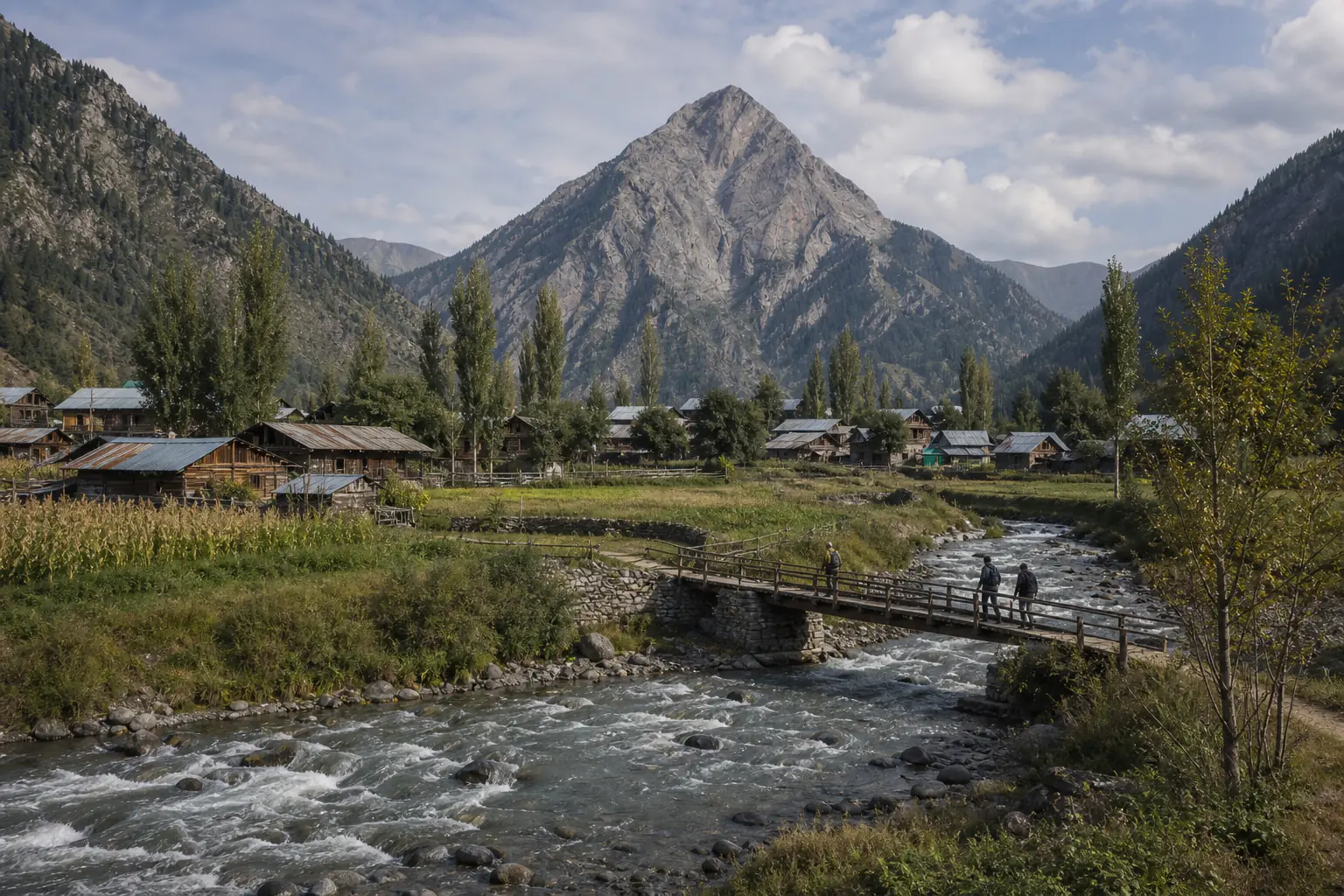 A weathered Gurez village and footbridge below Habba Khatoon peak
