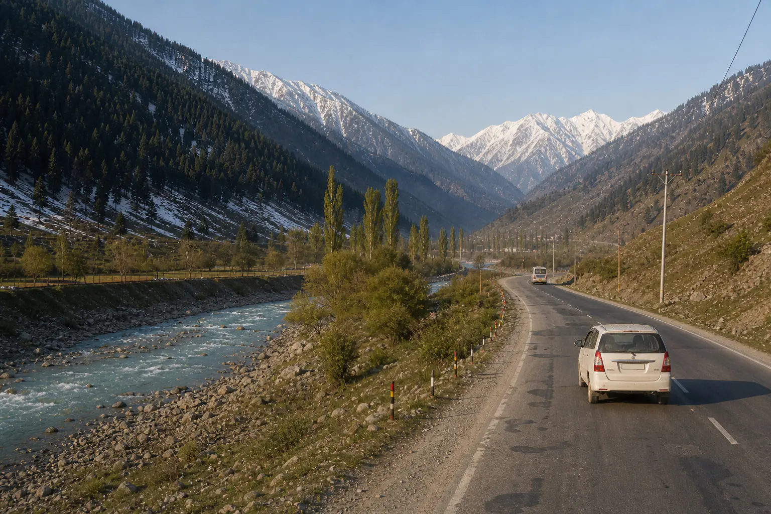 A local private vehicle on the mountain road beside the Sindh River