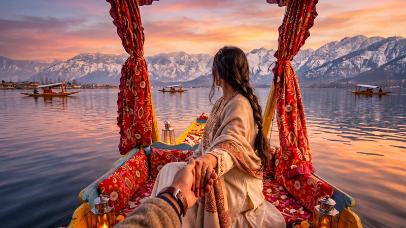 Couple holding hands on a decorated Shikara at sunset, with snow-capped mountains beyond