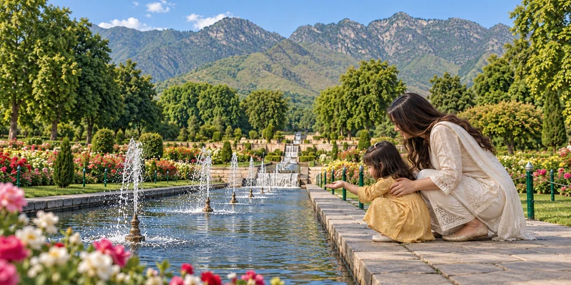A mother and child beside the garden fountains