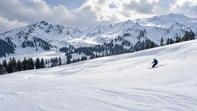 A skier descending an open snow slope in Gulmarg