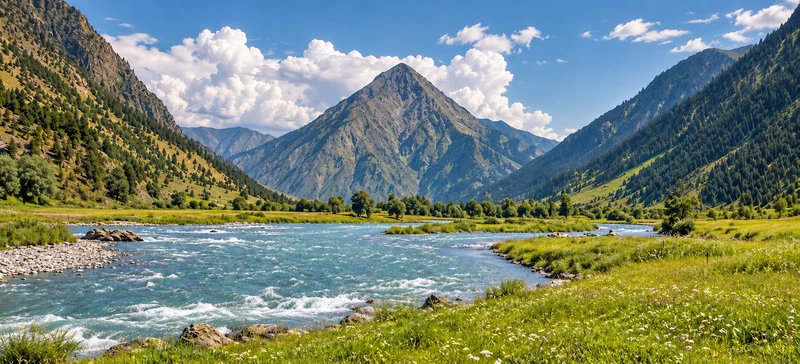 A summer river bend beneath Habba Khatoon peak in Gurez