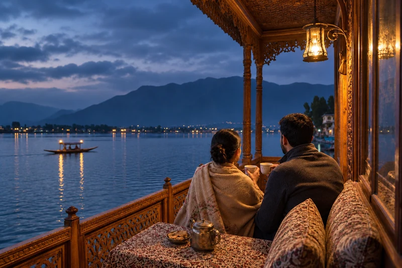 Couple enjoying an evening on a houseboat veranda