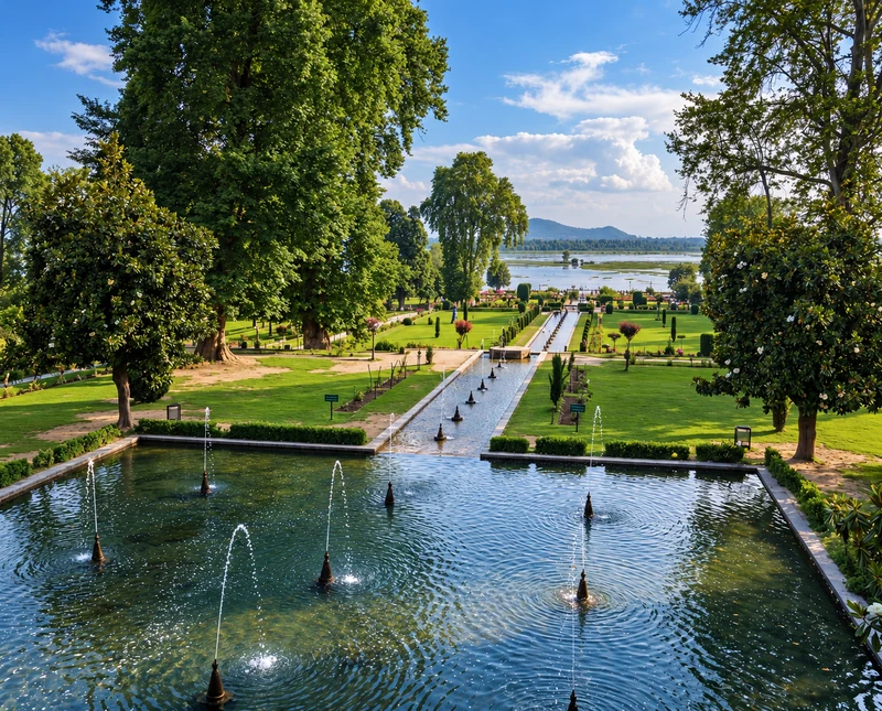 Nishat Bagh fountains and lawns looking towards Dal Lake
