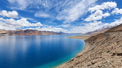 Pangong Lake beneath mountain ridges and passing clouds