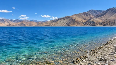 Clear blue Pangong Lake beside a rocky shoreline