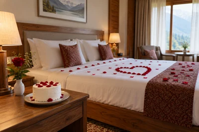 A cake and decorated hotel room