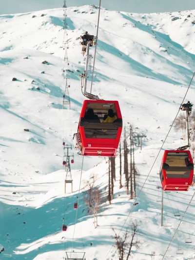 Red Gondola cabins above snow-covered Gulmarg slopes