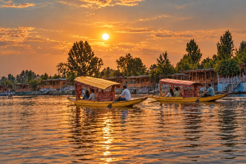AI-enhanced scene of colourful covered Shikaras carrying passengers past Dal Lake houseboats at sunset