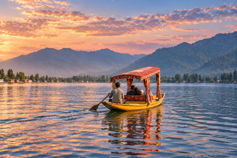 AI-composed rear view of a covered Shikara carrying two passengers across Dal Lake in rose-coloured morning light