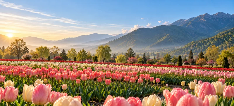Pink and cream tulips beneath the Kashmir mountains