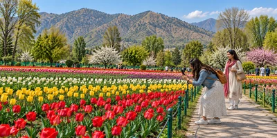 Visitors enjoying Srinagar tulip beds beneath the mountains