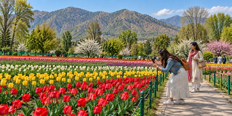 Visitors enjoying Srinagar tulip beds beneath the mountains