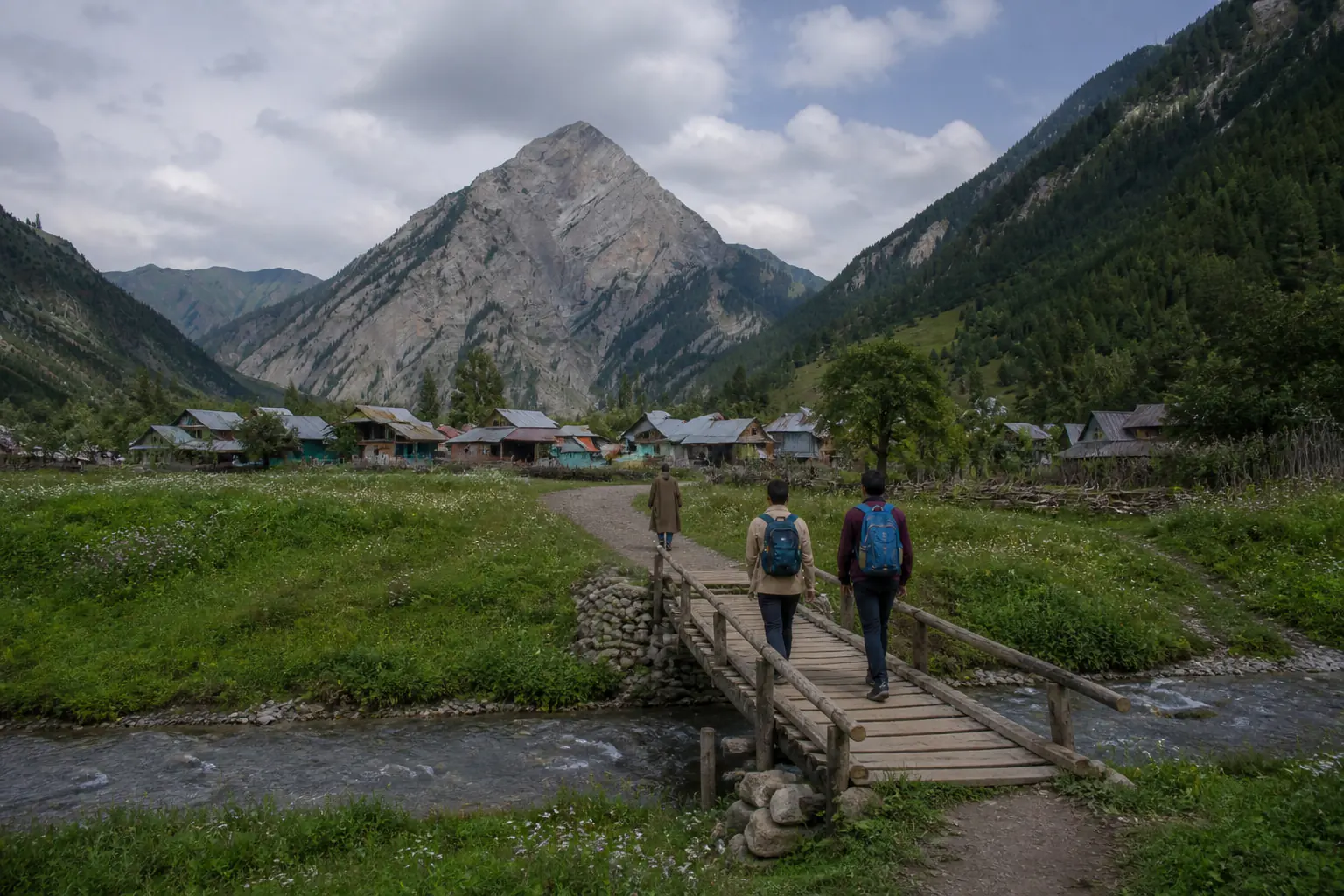 A quiet footbridge and village route through Gurez Valley