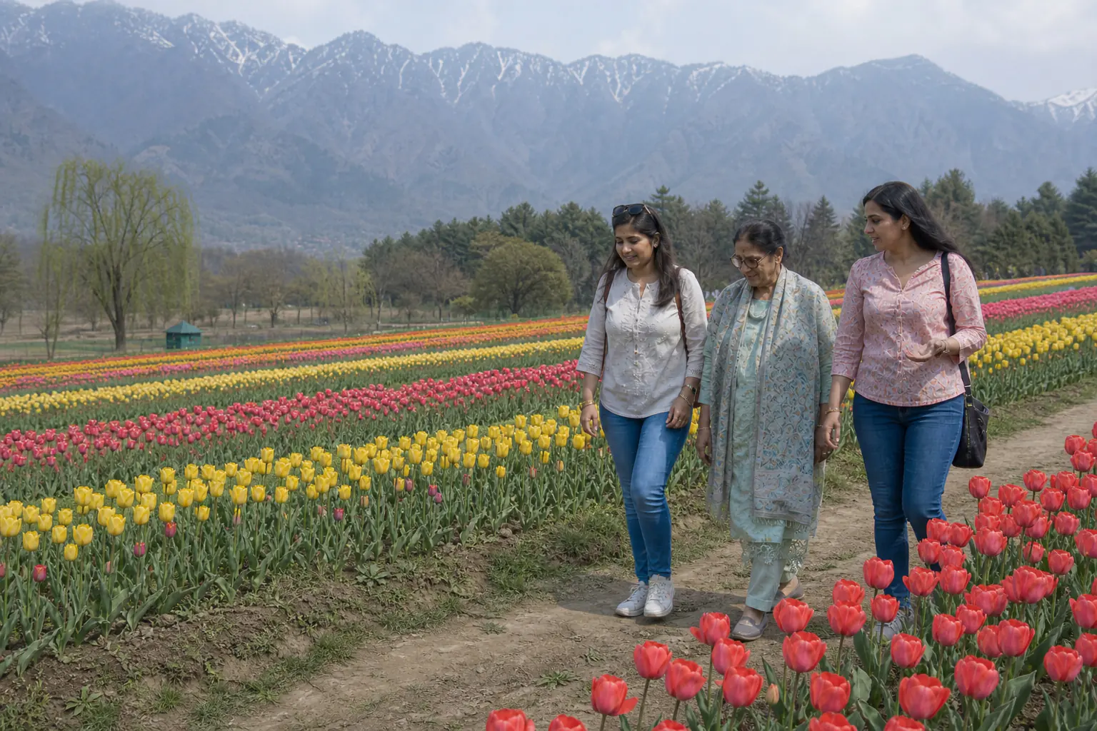 A spring visit to Srinagar's tulip rows under the Zabarwan mountains