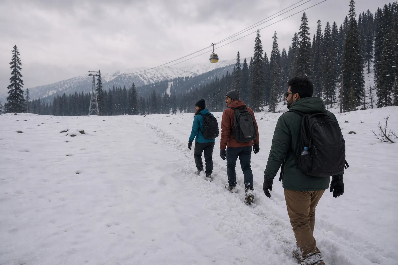 A naturally dressed pair crossing a weathered snow path in Gulmarg