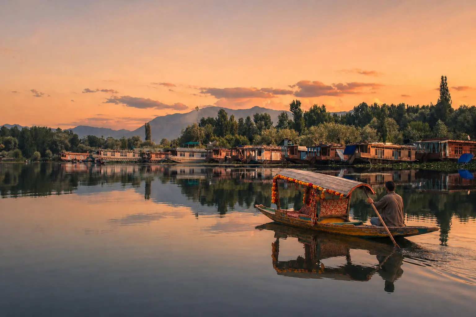 A flower-garlanded shikara crossing Dal Lake beside Srinagar houseboats at sunset